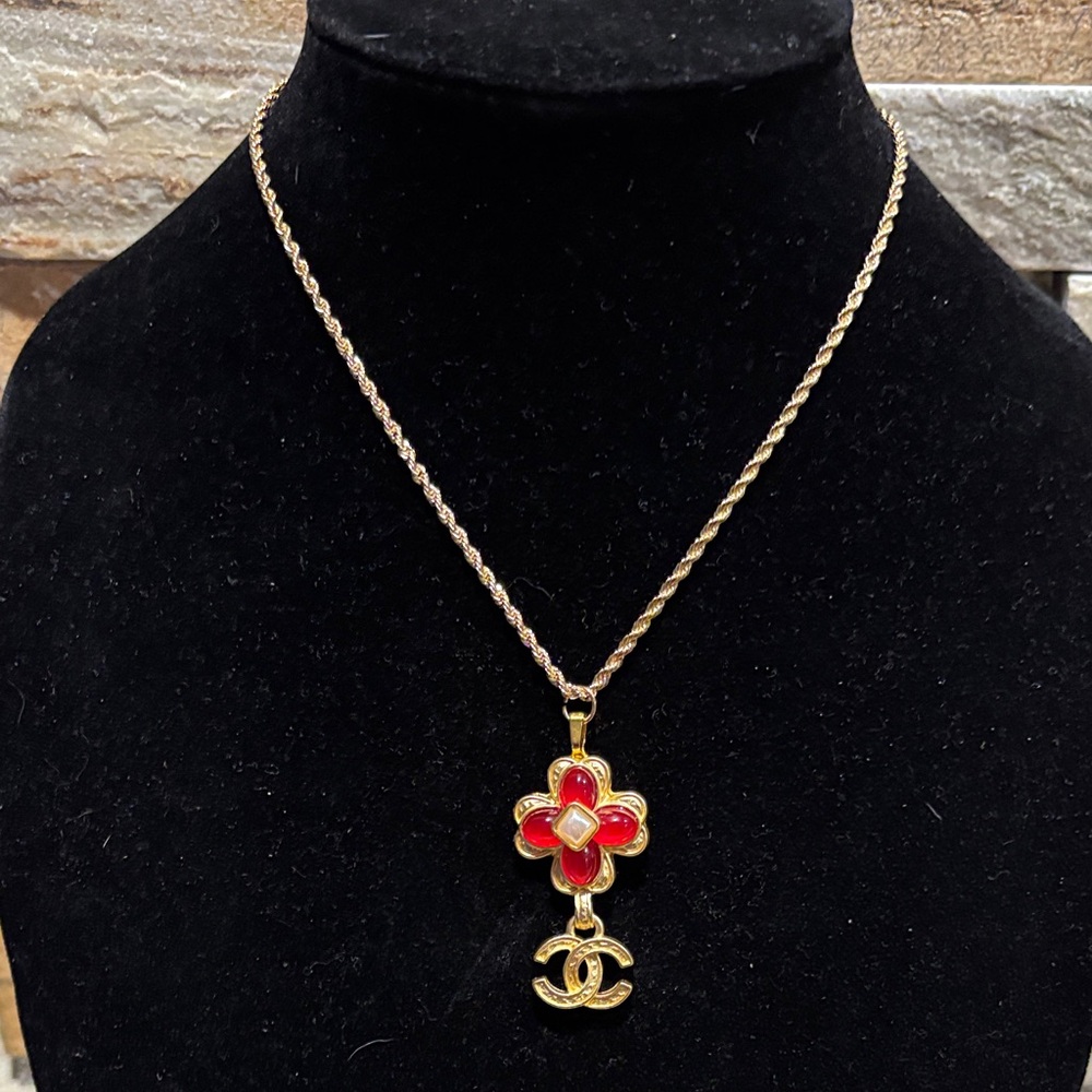 Gold Necklace with Vintage Red Flower CC Pendant